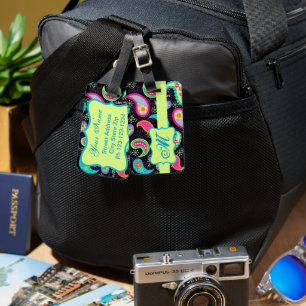 Étiquette À Bagage Noir coloré moderne Motif Monogramme Paisley