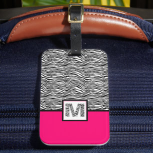 Étiquette À Bagage Noir et blanc Zèbre Imprimer Monogramme   Rose cha