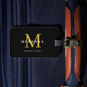 Étiquette À Bagage Noir et or Moderne Monogramme Élégant personnalisé