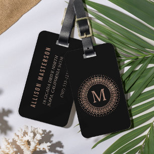 Étiquette À Bagage Noir & Faux Rose Or Élégant Monogramme initial