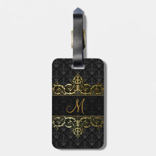 Étiquette À Bagage Noir & Or Floral Damas Et Monogramme De Cadre