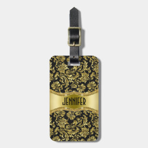 Étiquette À Bagage Noir & Or Métallic Floral Damas Customisé