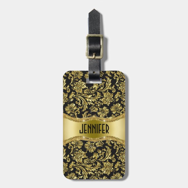 Étiquette À Bagage Noir & Or Métallic Floral Damas Customisé (Devant Vertical)