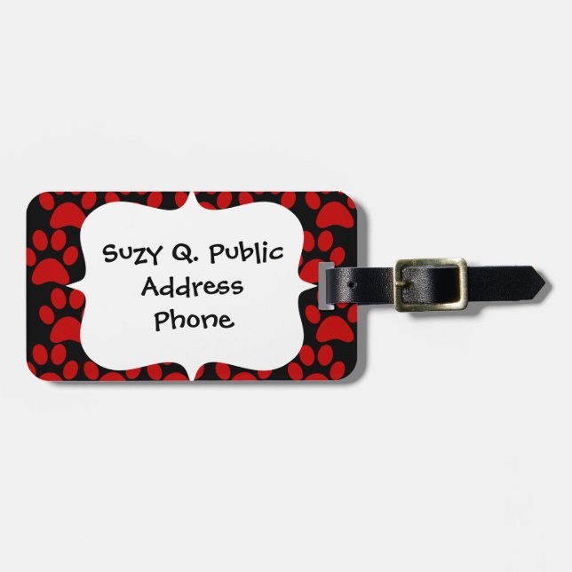 Étiquette À Bagage Noir rouge d'empreintes de pattes mignons de chiot (Devant horizontal)