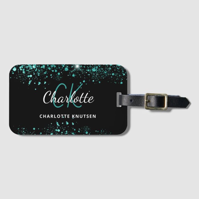 Étiquette À Bagage Noir turquoise vert parties scintillant monogramme (Devant Horizontal)