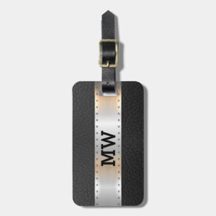 Étiquette À Bagage Noir vintage cuir métallique bande argentée