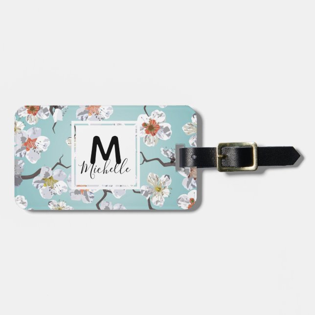 Étiquette À Bagage Nom blanc de monogramme de fleurs de cerisier (Devant horizontal)