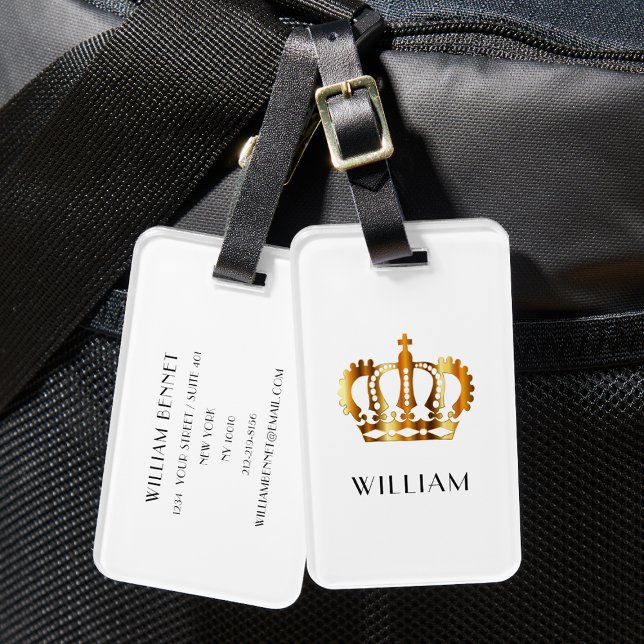 Étiquette À Bagage Nom Customisé Royal Gold Crown Blanc (Royal Gold Crown Customized Name White Luggage Tag)