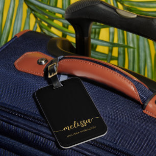 Étiquette À Bagage Nom de jeune fille en or noir avec monogramme en é