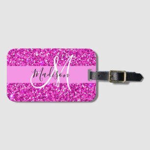 Étiquette À Bagage Nom de monogramme scintillant paillettes rose et m