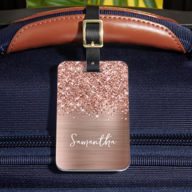 Étiquette À Bagage Nom de script Glam Rose Gold Pailleté (Insitu Rectoal 2)