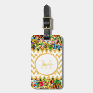 Étiquette À Bagage Nom décoré d'un monogramme floral vintage jaune de