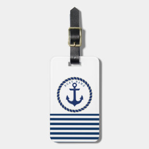 Étiquette À Bagage Nom du bateau nautique, Ancre Marine Bleu rayé