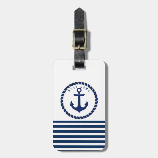 Étiquette À Bagage Nom du bateau nautique, Ancre Marine Bleu rayé (Devant Vertical)