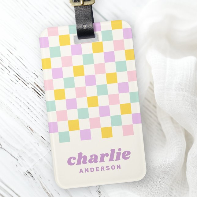 Étiquette À Bagage Nom du damier rose jaune violet bleu (Pink yellow purple blue checkerboard name luggage tag)