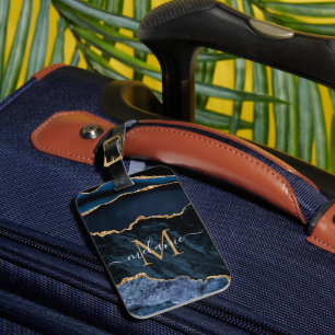 Étiquette À Bagage Nom du monogramme Agate Marine Bleu Gold Gemstone 