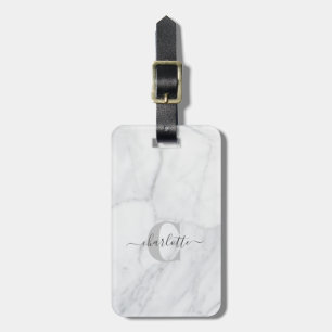 Étiquette À Bagage Nom du monogramme en marbre blanc et gris élégant