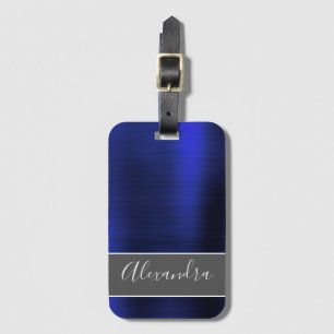 Étiquette À Bagage Nom du monogramme en métal brossé bleu marine