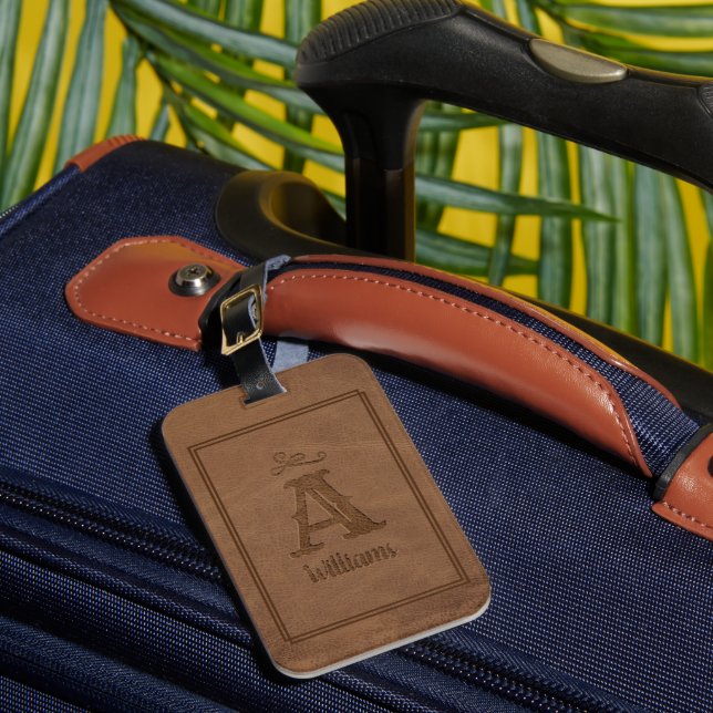 Étiquette À Bagage Nom du monogramme personnalisé en cuir Brown rusti (Insitu Rectoal 1)