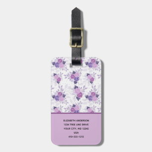 Étiquette À Bagage Nom du monogramme Purple rose Floral Élégant