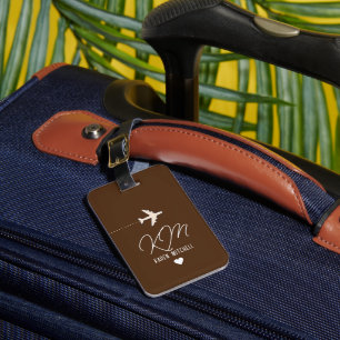 Étiquette À Bagage Nom du voyageur Monogramme Avion brun
