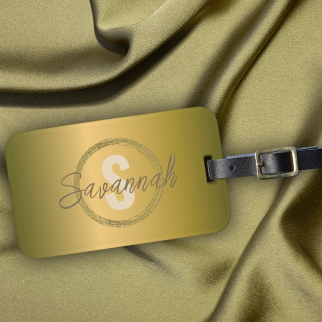 Étiquette À Bagage Nom et initiale métalliques dorés de luxe élégants (Créateur téléchargé)