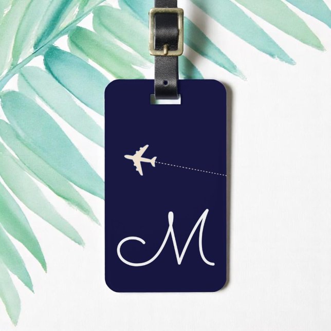 Étiquette À Bagage nom et initiale personnalisés de l'avion sur bleu  (Créateur téléchargé)