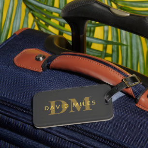 Étiquette À Bagage Nom et monogramme élégant Or et gris foncé