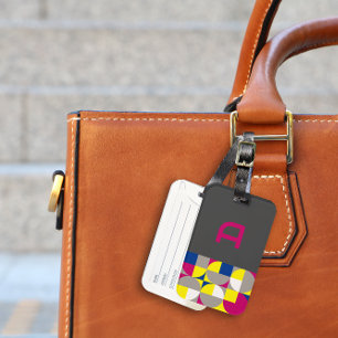 Étiquette À Bagage Nom gris-bleu fuchsia géométrique Abstrait