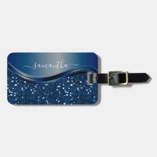 Étiquette À Bagage Nom manuscrit Marine Blue Metal Parties scintillan