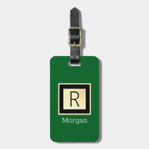Étiquette À Bagage Nom & Monogramme, Boîte Noire & Or Vert Forêt Vs2
