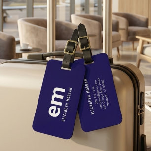 Étiquette À Bagage Nom Monogrammé Moderne Simple Chic Bleu 