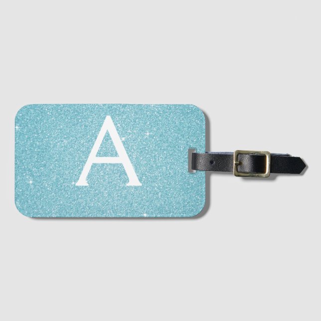Étiquette À Bagage Nom Monogramme Pailleté Bleu Sarcelle (Devant Horizontal)