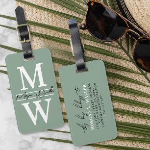 Étiquette À Bagage Nom Monogramme Personnalisé Vert Sauge Moderne