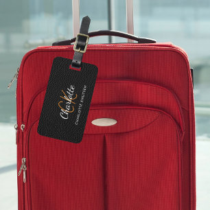 Étiquette À Bagage Nom monographique blanc en cuir noir