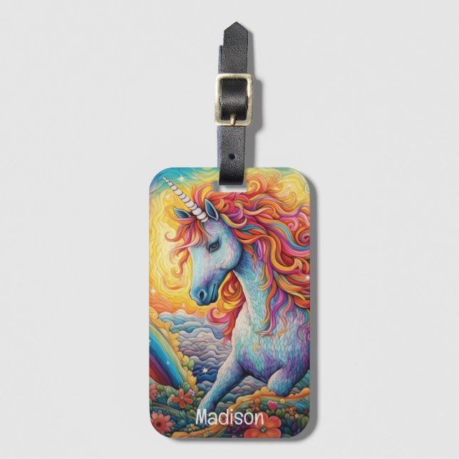 Étiquette À Bagage Nom personnalisé belle licorne (Devant Vertical)