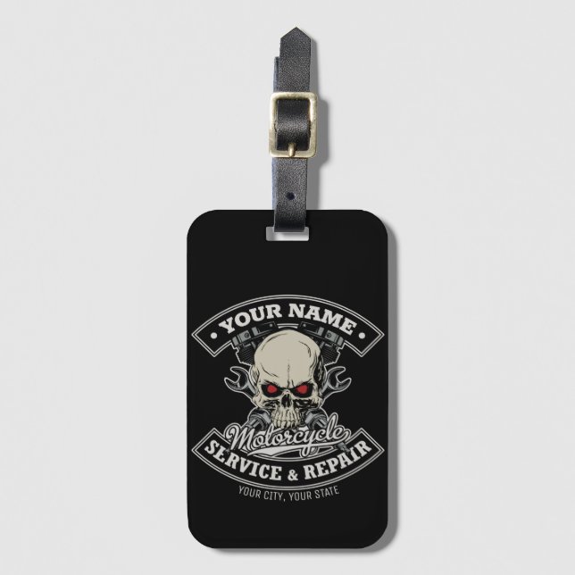 Étiquette À Bagage Nom personnalisé Biker Mécanique Skull Motorcycle  (Devant Vertical)
