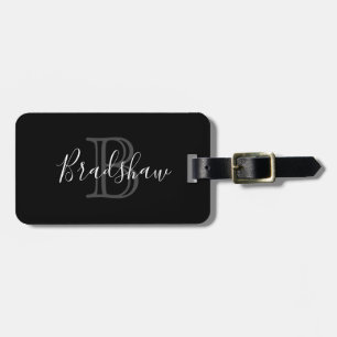Étiquette À Bagage Nom personnalisé du monogramme d'argent noir