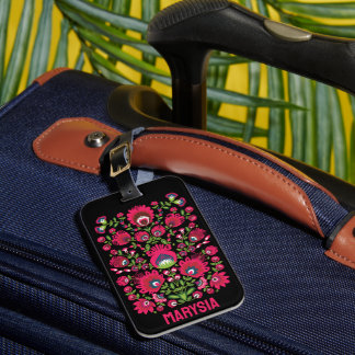 Étiquette À Bagage Nom personnalisé Maroon symétrique Folk Wycinanki