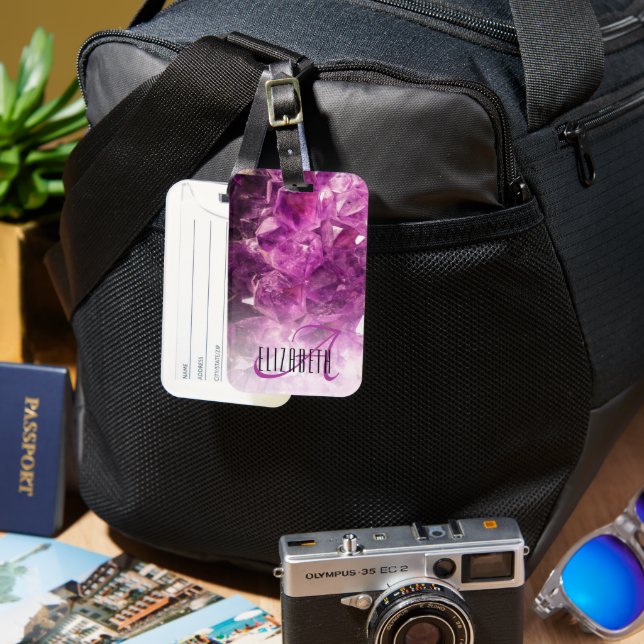 Étiquette À Bagage Nom Personnalisé Monogramme Purple Ombre Crystals (Recto & Verso)