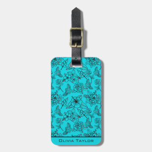 Étiquette À Bagage Nom personnalisé motif floral bleu transparent