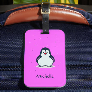 Étiquette À Bagage Nom personnalisé pingouin mignon sur rose
