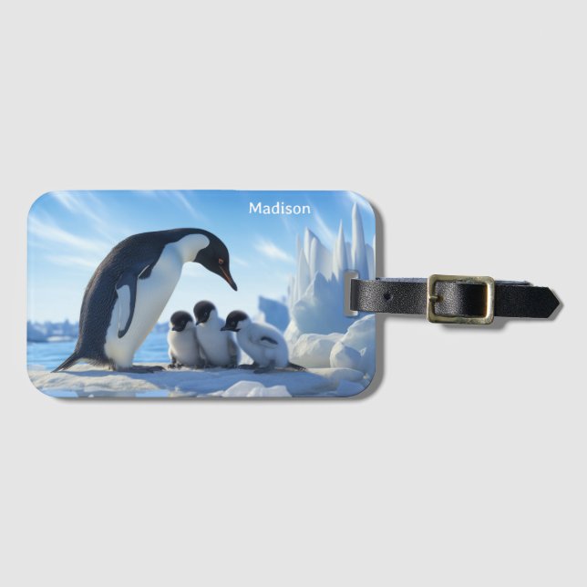 Étiquette À Bagage Nom personnalisé Pingouins mignons (Devant Horizontal)