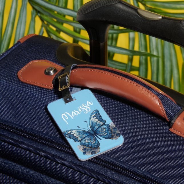 Étiquette À Bagage Nom personnalisé Sky Blue Tropical Butterfly (Insitu Rectoal 1)