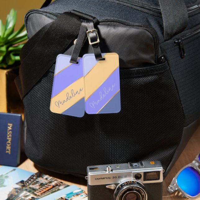 Étiquette À Bagage Nom personnalisé sur Blue Violet Lavender Soft Yel (Recto & Verso)