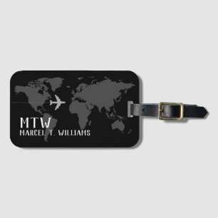 Étiquette À Bagage Nom personnalisé Voyage carte du monde noir