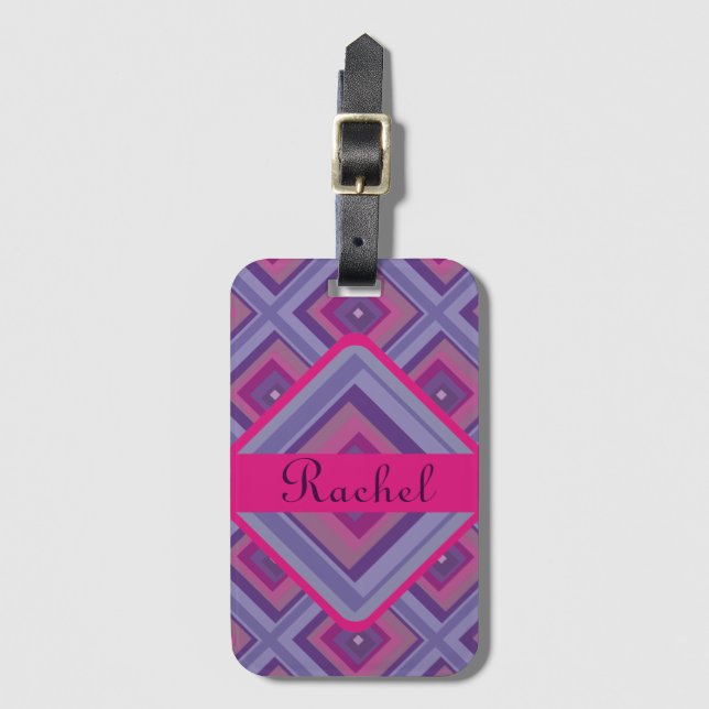 Étiquette À Bagage Nom Pink Purple Diamond Motif Checker Pretty (Devant Vertical)