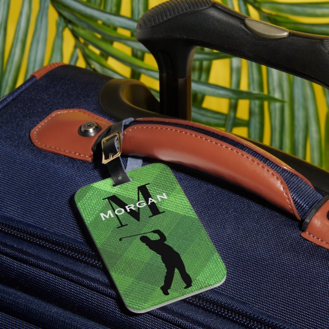 Étiquette À Bagage Nom, Premier Homme Golfer Silhouette Vert Plaid (Insitu Rectoal 1)