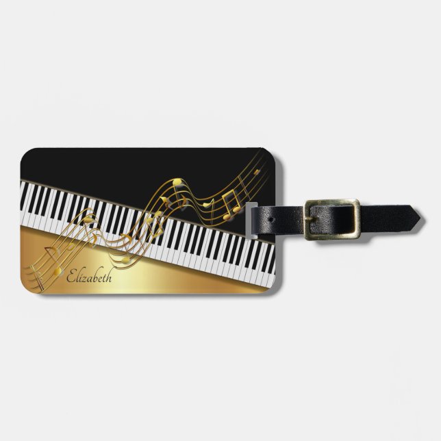Étiquette À Bagage Notes d'or élégantes, Touches de piano - Personnal (Devant horizontal)