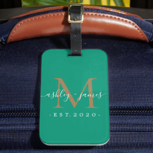 Étiquette À Bagage Nouveau marié M. Mme Gold Monogram Noms Emerald